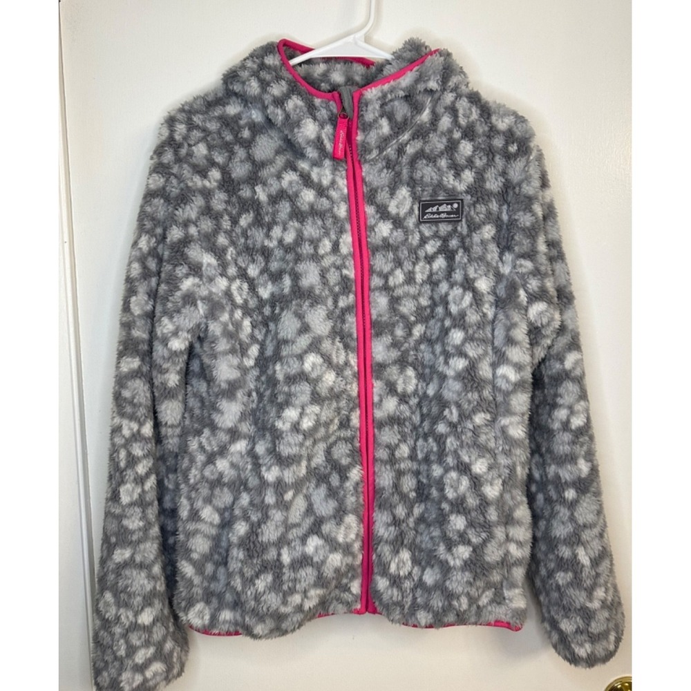 Eddie Bauer Girls Size L 14/16 Gray Dot Super Soft Sherpa Fleece Hooded Jacket